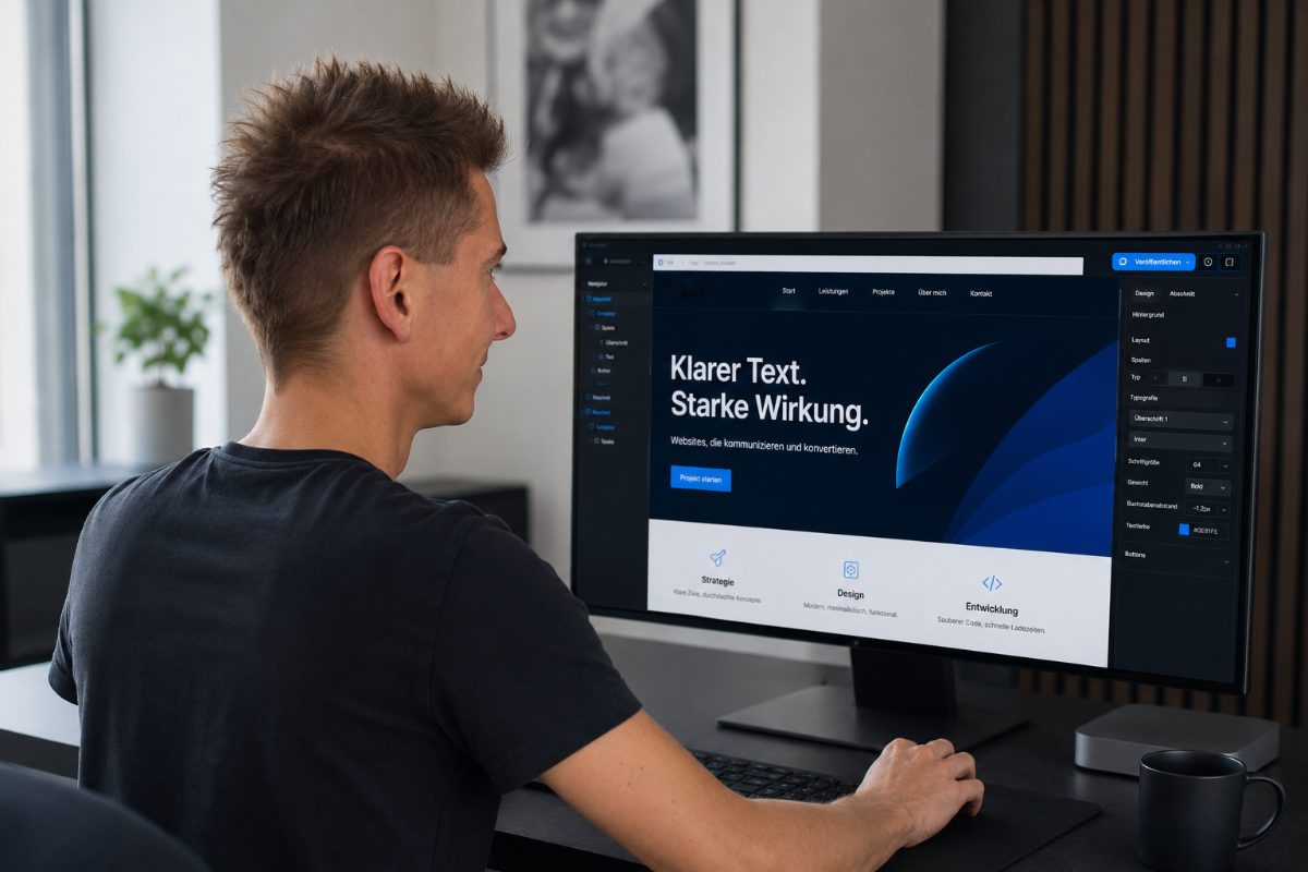 Person am Schreibtisch betrachtet eine neue Website auf Monitor und Smartphone