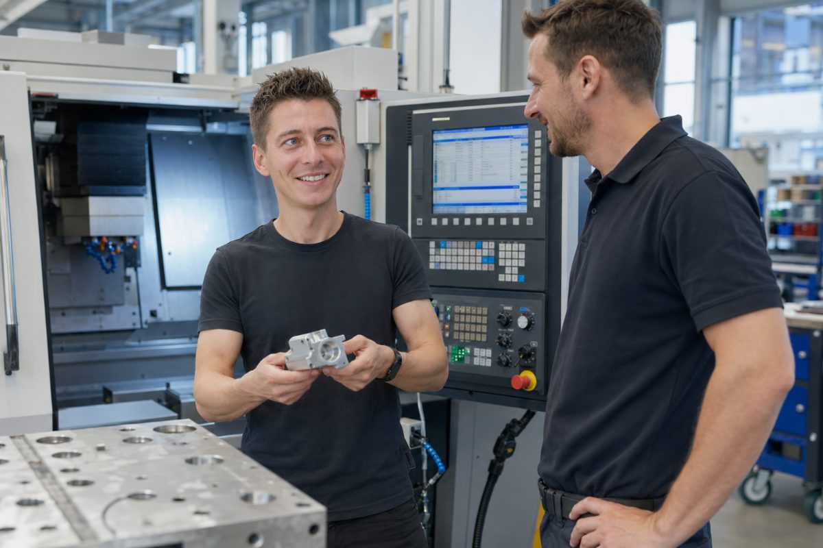 Frank Kösling an der CNC-Maschine im Werkzeug- und Formenbau, im Gespräch mit einem Kollegen, im Vordergrund eine Werkzeugform